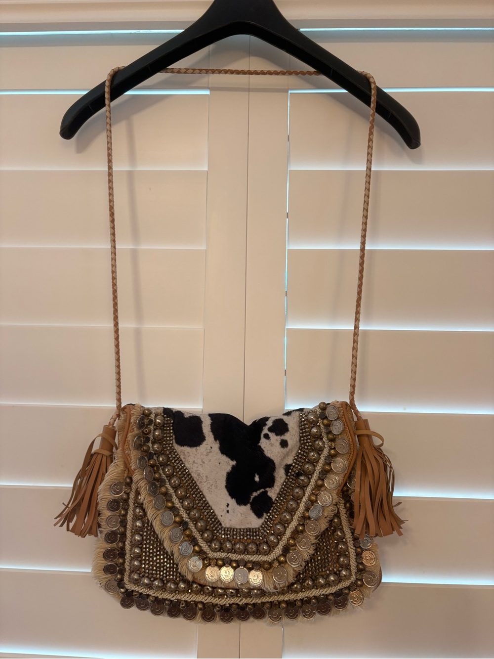 SHASHI Black, White and Tan Embellished Fringe Shoulder Bag